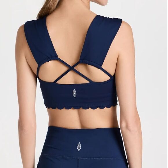 NWT Free People Suns Out Cami Blue Navy Cropped Tank Crisscross Scalloped Hem - Picture 3 of 12